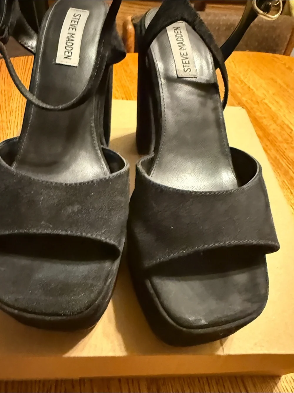 Steve Madden Black Suede Platform Block Heel Sandals with‎ Ankle Strap